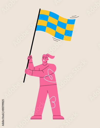 Woman holding flag. Destination concept. Colorful vector illustration
