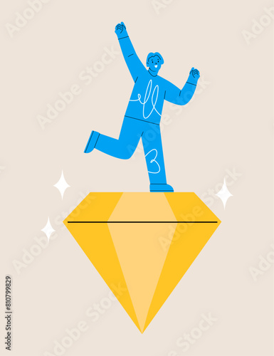 Woman stand on precious high value diamond. Value proposition concept. Colorful vector illustration