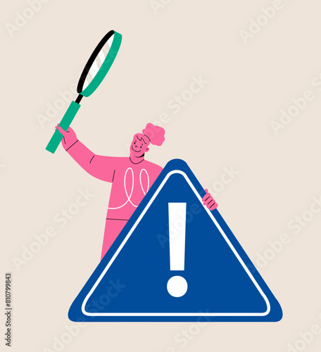Woman with magnifier monitor and investigate incident with exclamation attention sign. Colorful vector illustration