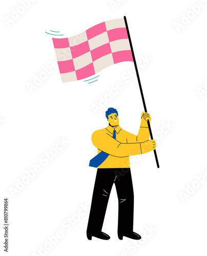 Business man holding flag. Success, reached business aim concept. Flat vector illustration isolated on white background