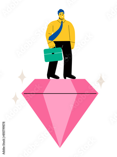 Business man stand on precious high value diamond. Value proposition concept. Flat vector illustration isolated on white background