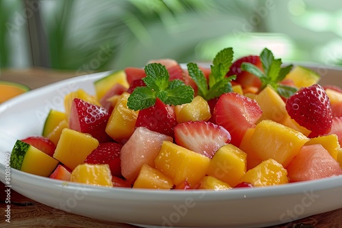 Fruit Salad: A mix of fresh seasonal fruits such as watermelon, cantaloupe, strawberries, and mango makes this salad a perfect dessert or refreshing snack on a hot day