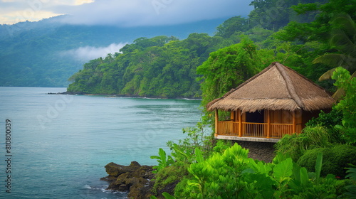 Wooden beach hut with a thatched roof, nestled among lush greenery near the water edge