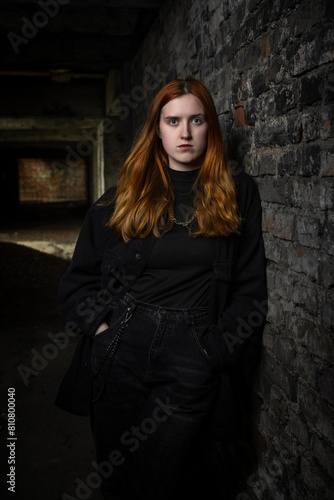 Portrait of a young beautiful red-haired girl in a low key.