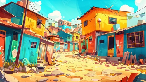 The ghetto street with poor shabby houses. Cartoon illustration of an old dilapidated shantytown with old broken buildings that resemble a slum. Poverty concept. A dilapidated shantytown with photo