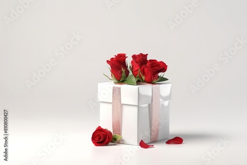 White Gift Box and Red Roses Set Against a White Background, the Perfect Composition for Valentine's or Mother's Day