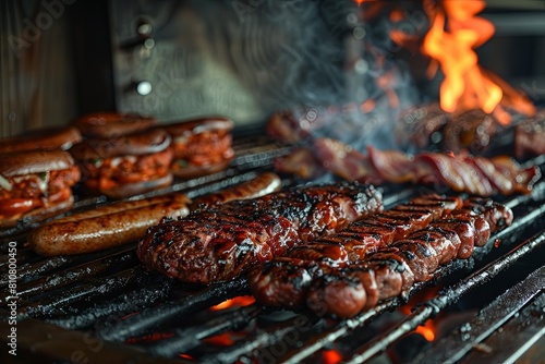 juicy barbeque  sausages  burgers  and bacon  tasty  smokey  visible fire in the background  mouthwatering