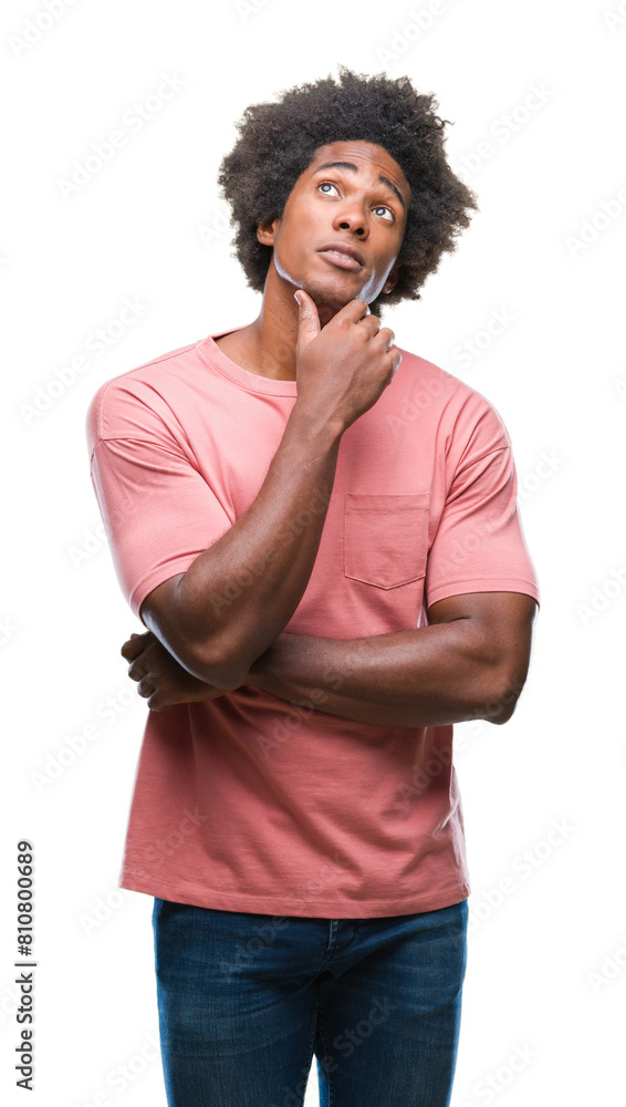 Afro american man over isolated background with hand on chin thinking about question, pensive expression. Smiling with thoughtful face. Doubt concept. Afro american man over isolated background with hand on chin thinking about question, pensive expression. Smiling with thoughtful face. Doubt concept.