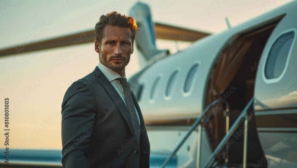 A sleek businessman in a tailored suit stepping out of the sleek aircraft, embodying sophistication and success. A sleek businessman in a tailored suit stepping out of the sleek aircraft, embodying sophistication and success.