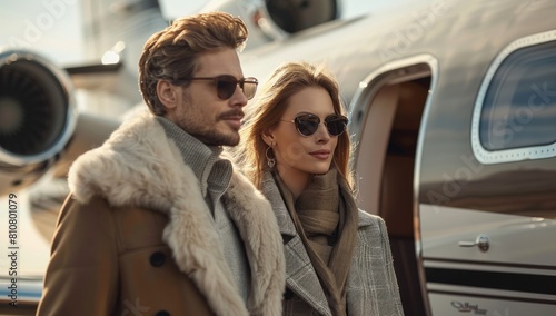 A stylish couple boards the aircraft, their fashionable attire complementing the sophistication of the business-class experience. © 2D_Jungle