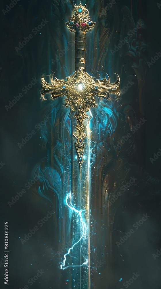 A spellimbued sword radiating lightninglike power from its blade like a burst of sunlight, the ornate jewelencrusted hilt glowing with polychromatic energy.