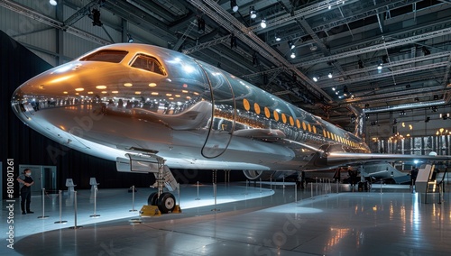 The airplane's fuselage gleams under the studio lights, showcasing its streamlined design and state-of-the-art technology.