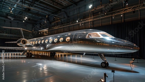 The airplane's fuselage gleams under the studio lights, showcasing its streamlined design and state-of-the-art technology.