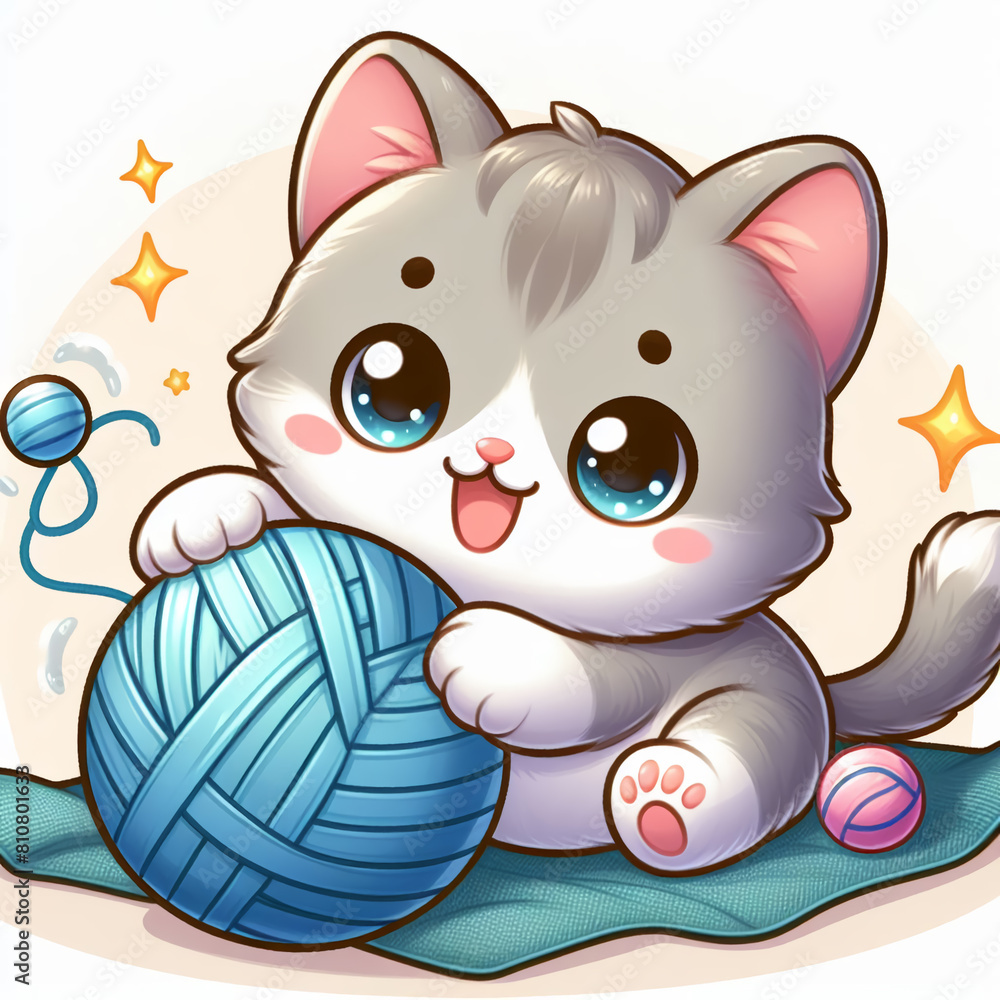 Naklejka premium cute kitten playing fabric ball cartoon style