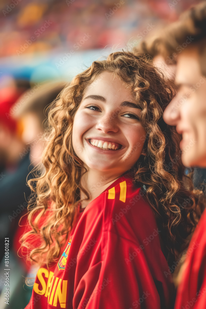 Spanish football soccer fans in a stadium supporting the national team, La Selección, La Furia Roja
