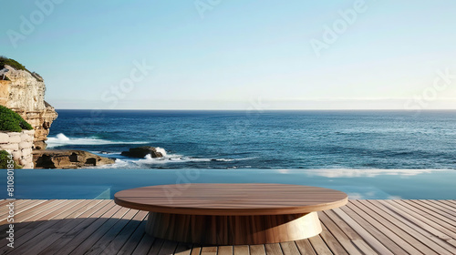 Wooden podium for display product  placed on a pristine white beach  with the serene ocean backdrop enhancing the product s simplicity. Generative AI