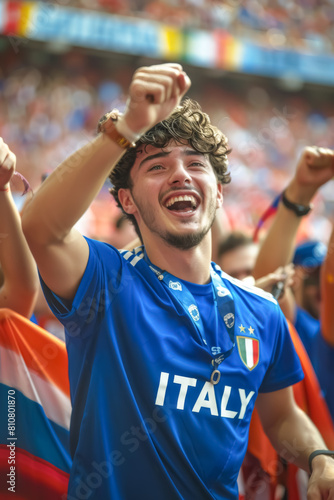 Italian football soccer fans in a stadium supporting the national team  Squadra Azzurra 