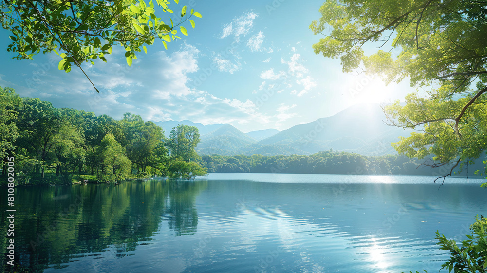 illustration of a picturesque landscape with green trees and a lake on a sunny day representing the concept of immersion in nature illustration of a picturesque landscape with green trees and a lake on a sunny day representing the concept of immersion in nature