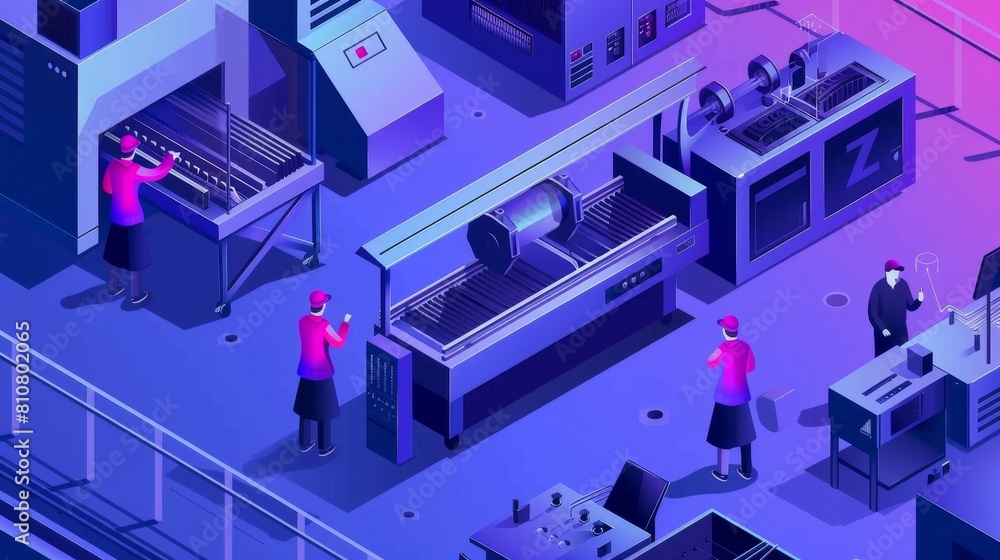 Isometric manufacturing landing page. Industrial stuff production on a modern plant. 3D modern line art web banner showing workers in robes on lathes, welding or drilling machines.