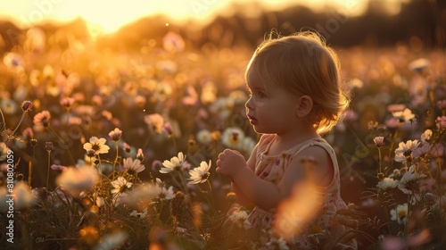 An adorable toddler curiously explores a field of flowers as the sun sets, evoking innocence and discovery