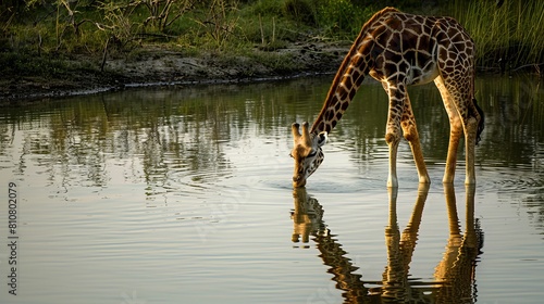 Curious Giraffe Drinking Water at Serene Lake