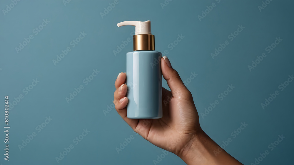 Close up of hand holding a jar of health product mockup, muted blue background (2) Close up of hand holding a jar of health product mockup, muted blue background (2)