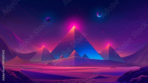 Pyramids in Egypt, pharaoh tomb complex on the Giza plateau illuminated by a brilliant mystic light under a starry sky. Cartoon icon. photo