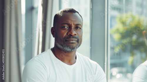 Confident African American Man in White T-Shirt Standing by Window - Portrait of Determined Individual photo