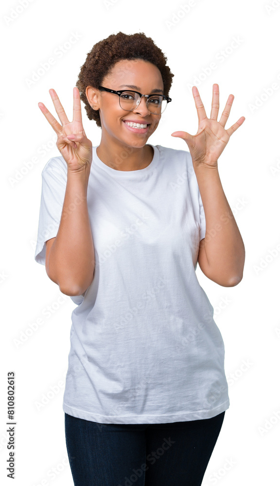 Beautiful young african american woman wearing glasses over isolated background showing and pointing up with fingers number eight while smiling confident and happy.