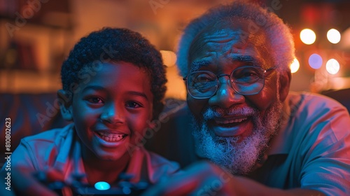 Joyful African American grandfather and grandson playing video games together at home 