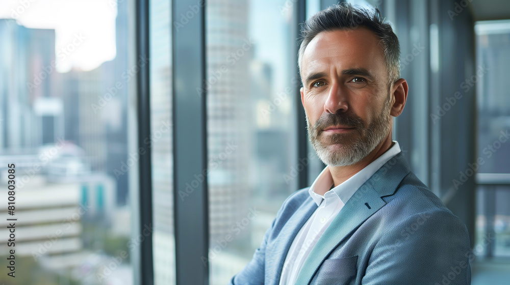 Confident Successful Middle-Aged Caucasian Businessman Posing by Modern Office Window - Professional Portrait in Stylish Suit Confident Successful Middle-Aged Caucasian Businessman Posing by Modern Office Window - Professional Portrait in Stylish Suit