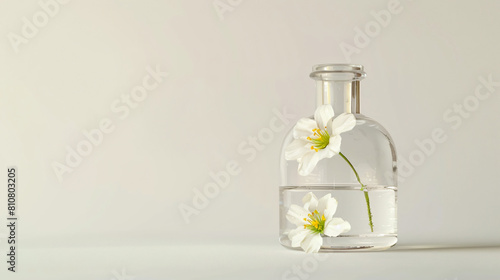 Glass flask with flower on white background