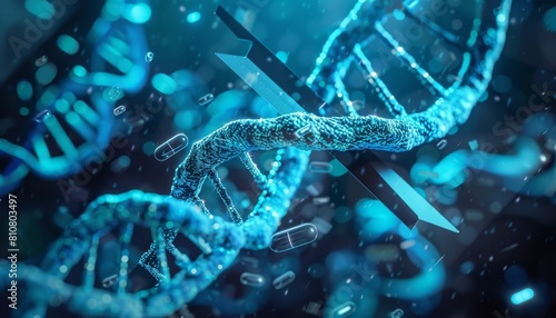 Potenziale della modificazione genetica, con icone come forbici molecolari e sequenza del DNA in evoluzione