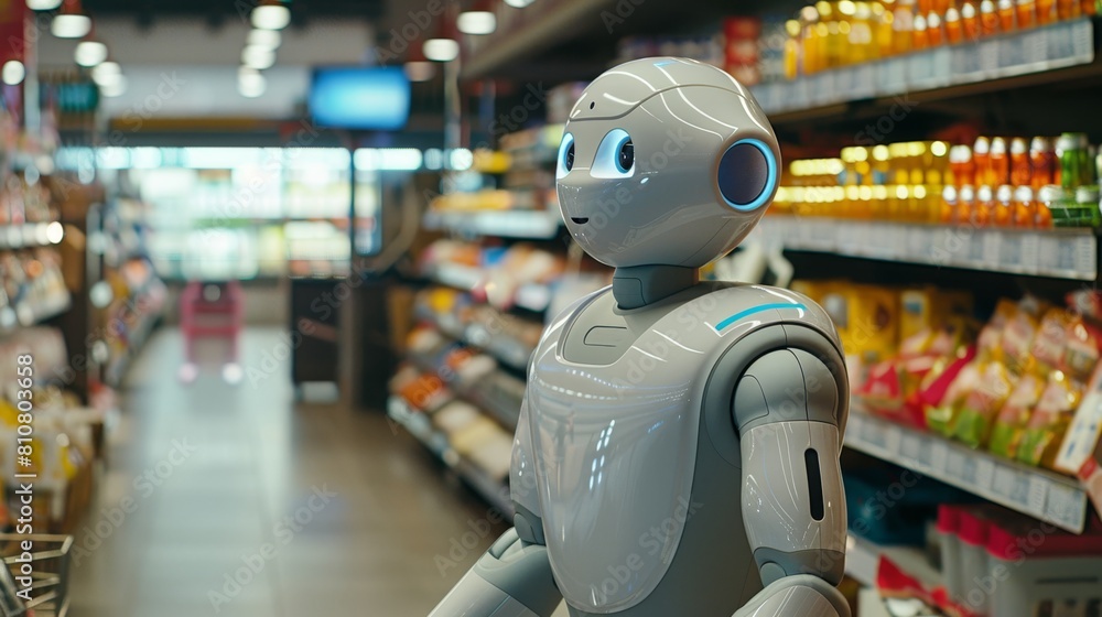 Robot intelligente al lavoro prende il posto di un commesso umano in un negozio