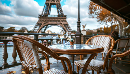 Tavolo all'aperto in un bar con vista sulla Torre Eiffel photo