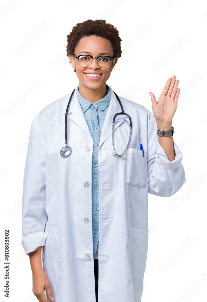 Young african american doctor woman wearing medical coat over isolated background Waiving saying hello happy and smiling, friendly welcome gesture Young african american doctor woman wearing medical coat over isolated background Waiving saying hello happy and smiling, friendly welcome gesture