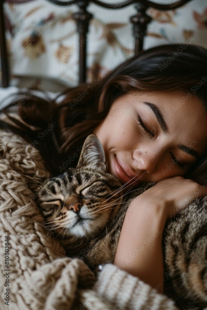 A warmly lit image of a bonding moment, a person and a cat sleeping closely together in a cozy environment