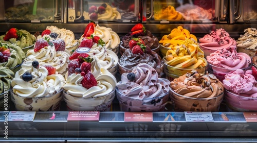 Vetrina colorata di una gelateria con varietà di sapori tradizionali italiani come fragola, cioccolato e pistacchio e altri sapori photo