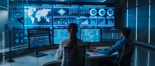 An experienced team of computer data scientists works on desktop computers with screens displaying charts, graphs, infographics, technical neural data, and statistics. A low key control room and photo