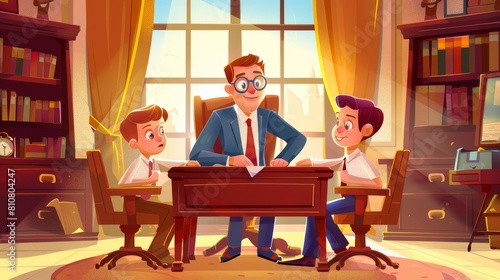 Cartoon illustration of kind man school headmaster talking to two guilty boys in the principal's office. Students and director in administration cabinet. photo