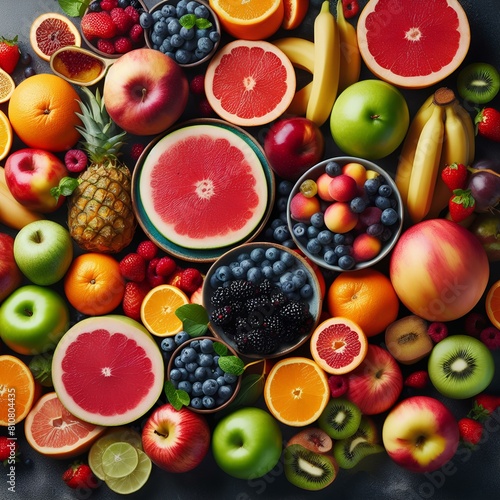 Top view of various colorful fresh fruit on a table. Healthy assorted food  Healthy lifestyle. Natural juicy Fruit background.