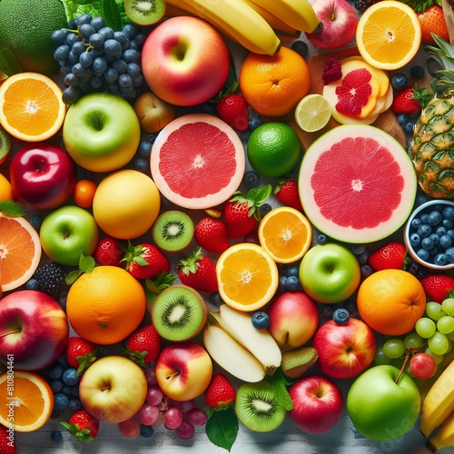 Top view of various colorful fresh fruit on a table. Healthy assorted food  Healthy lifestyle. Natural juicy Fruit background.