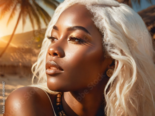 portrait African woman model and blond hair style with warm light background, realistic oil painting human face style for cosmetic and spq service ads.