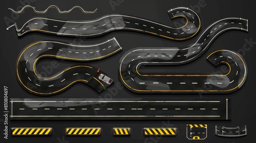 Black asphalt highways with white and yellow markings. Set of realistic curved car ways and dead ends isolated on transparent background. photo