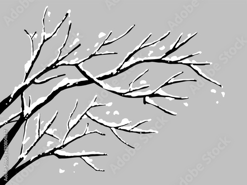 Black Branch Tree or Naked trees silhouettes set and Snow for Winter season. Hand drawn isolated illustrations
