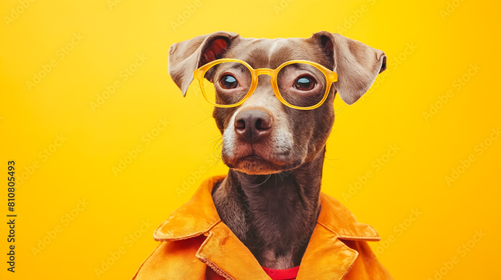 A dog wearing glasses and an orange jacket. The dog is looking at the camera. The image has a playful and lighthearted mood