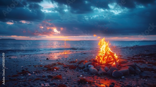 beach bonfire, cape cod, dusk time after sunset