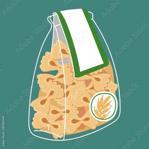 Flat vector illustration of a paste in a transparent packaged bag intended for storage. It is suitable for culinary topics, food marketing. Insulated packaging on blue inside with pasta is fastened