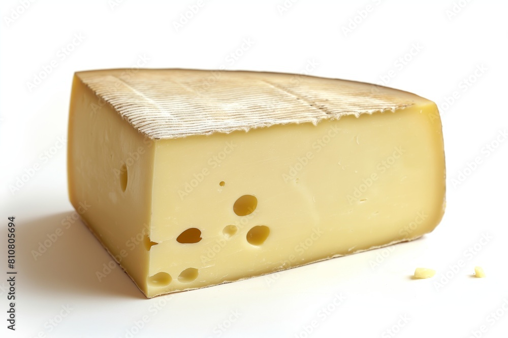 A wedge of Swiss cheese with holes on a clean white backdrop