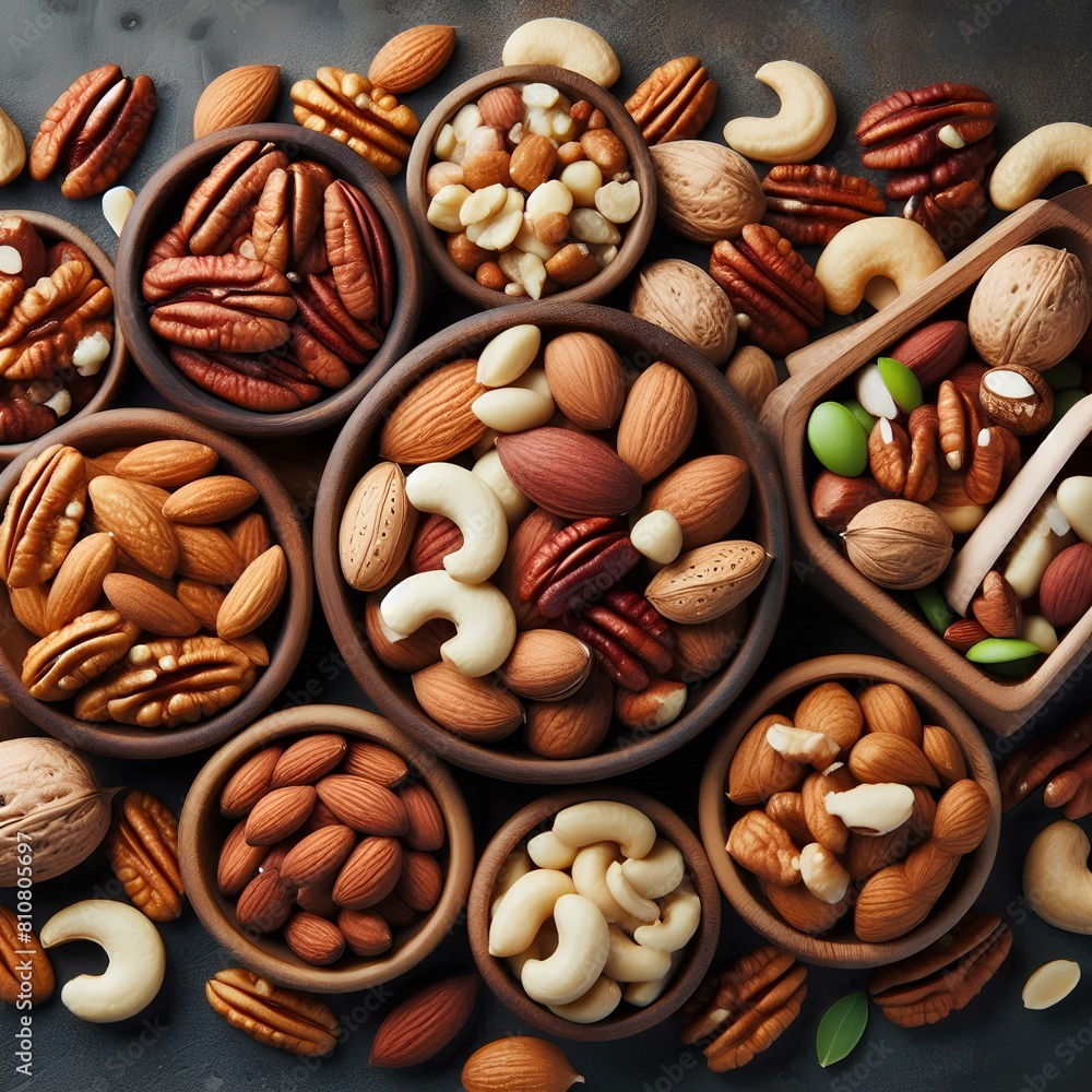Mix of different kinds of natural nuts background, including of pecan, almond, cashew, and other nuts, popular nutrients and high protein snack, essential fiber and healthy fats. Mix of different kinds of natural nuts background, including of pecan, almond, cashew, and other nuts, popular nutrients and high protein snack, essential fiber and healthy fats.